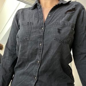 Distressed Black Button Down